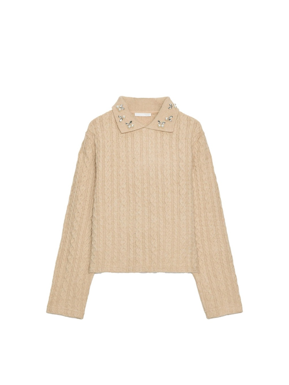 Zara Jewel Collar Cable Knit Sweater in Beige